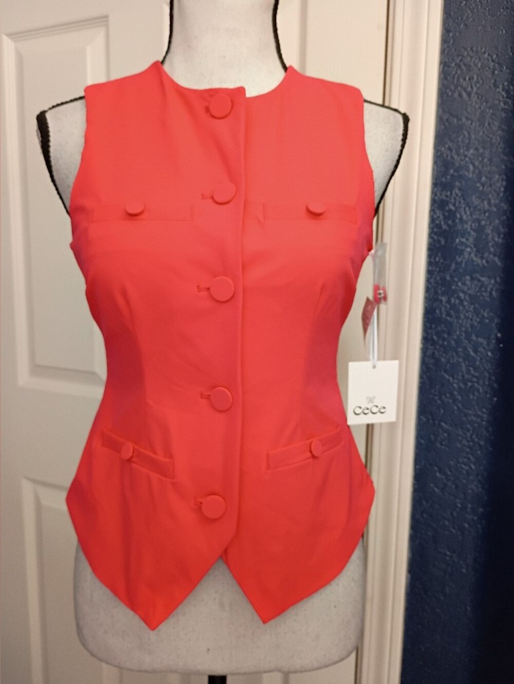 CeCe Coral Red Sleeveless Button Front Vest